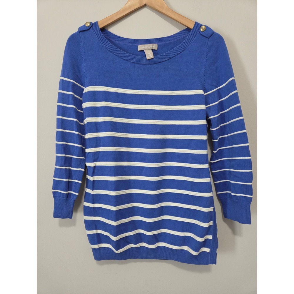 Banana Republic Blue White Striped Cotton Sweater Gold Button Shoulder Womens M